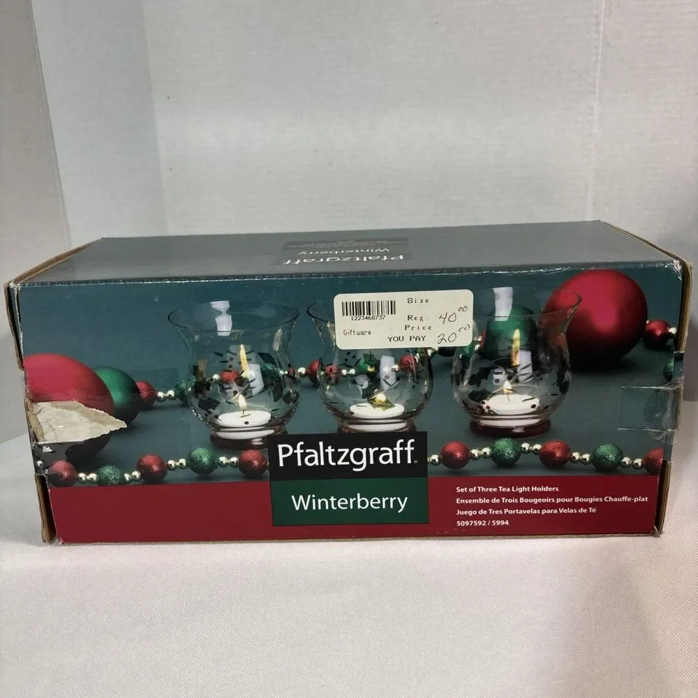 Pfaltzgraff Winterberry Set 3 Tea Light Candle Holders Glass Christmas Holiday